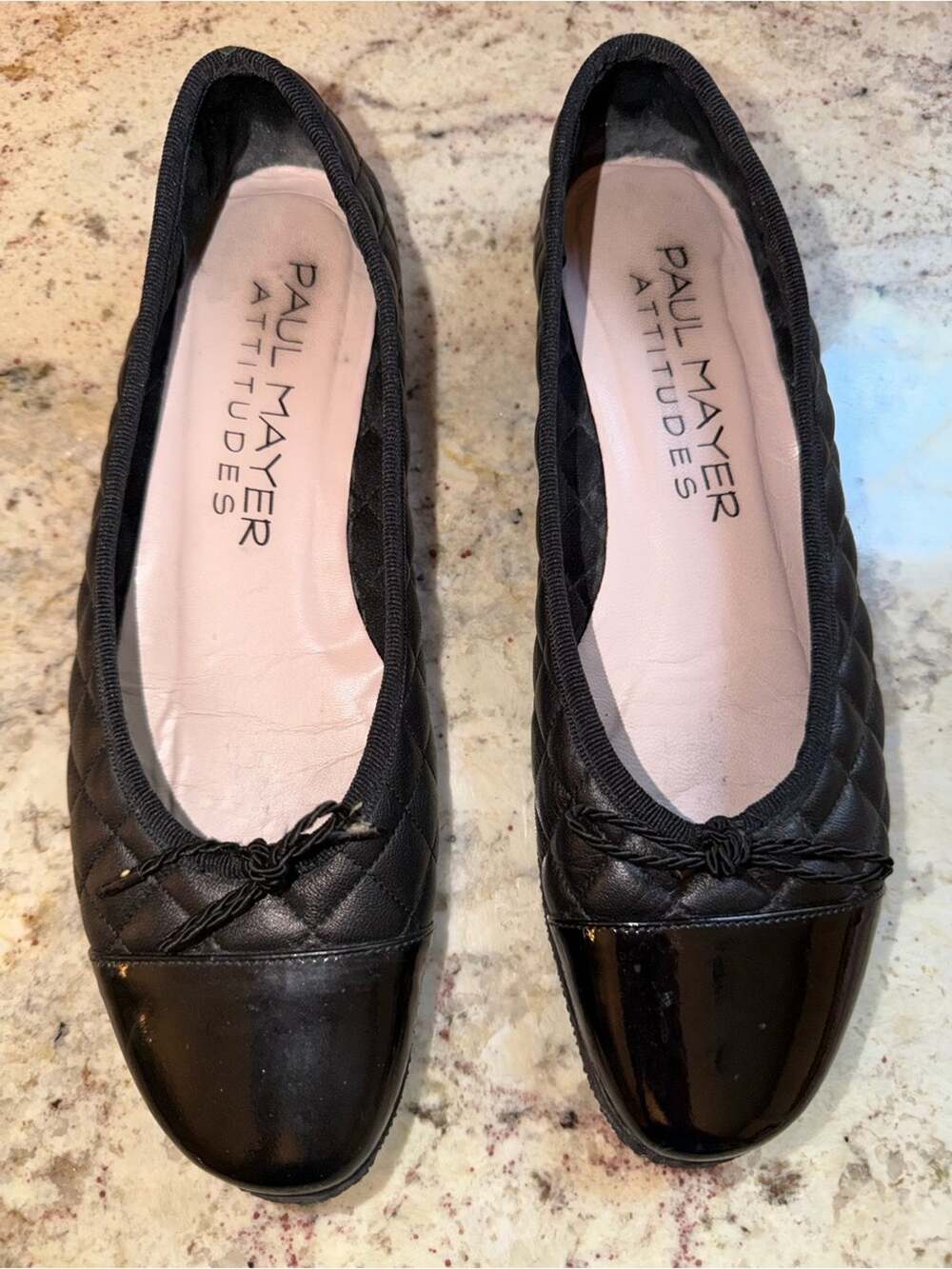 PAUL MAYER Women $350 Best Cap Toe Quilted Ballet Flat Blk Patent Napa 7 EUC